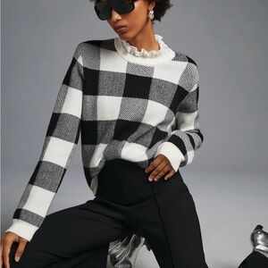 Anthropologie Black and White Plaid Ruffle Collar Pullover XL
